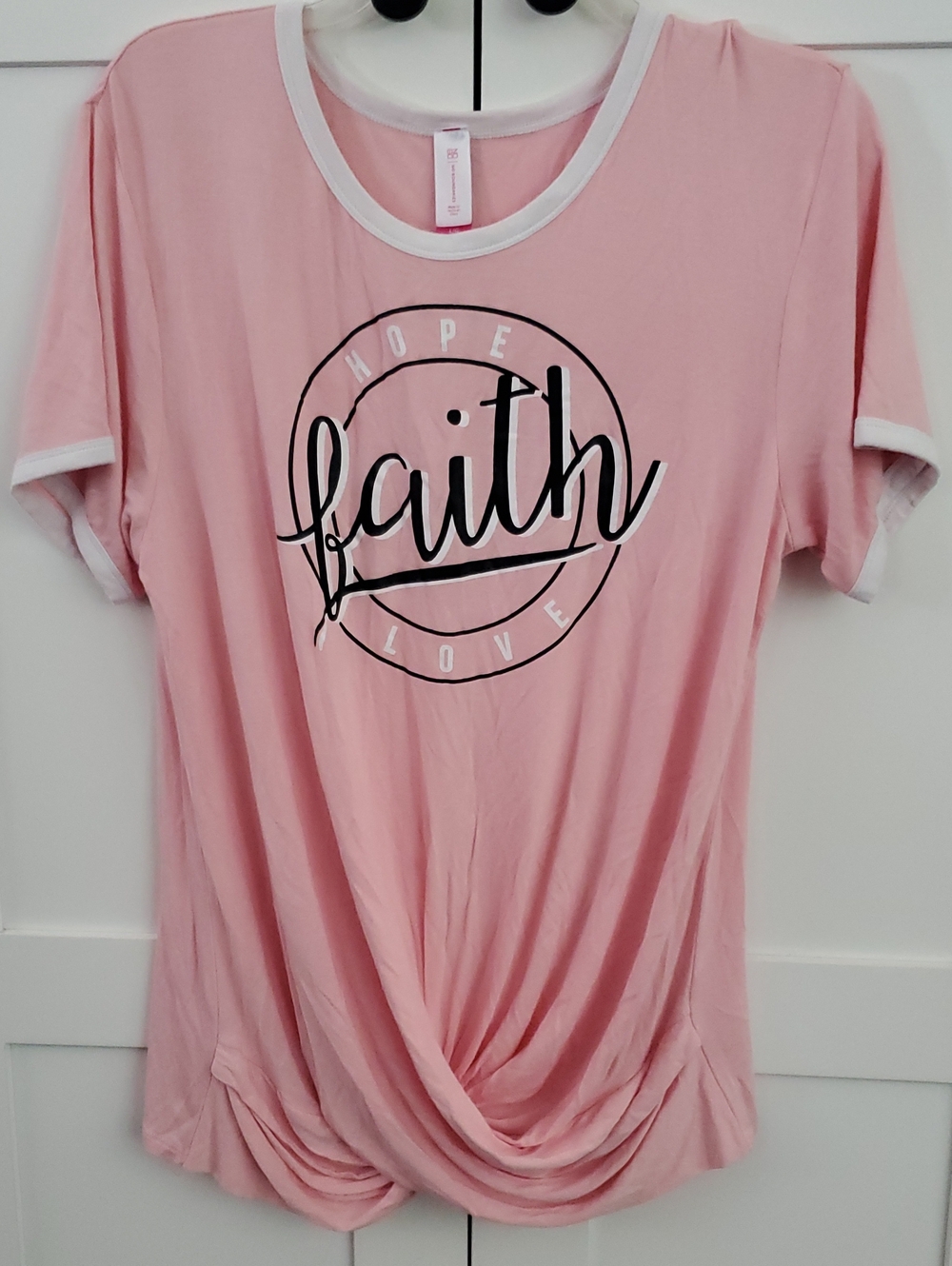 No Boundaries Light Pink Faith Graphic Knot-Hem Tee with White Trim